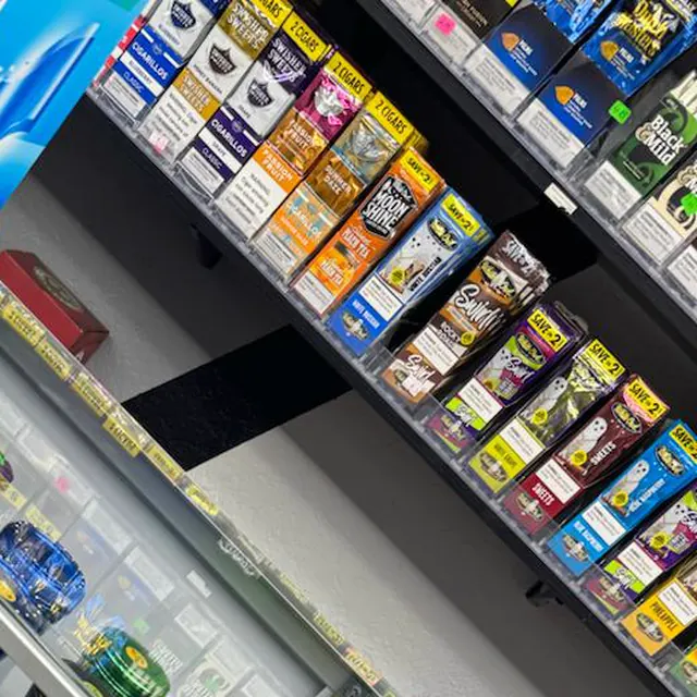 Wall of hemp wraps and cigarillos above the counter